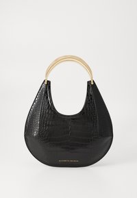 Black crescent-shaped handbag with crocodile texture and curved gold handles, featuring small gold brand name text on front.