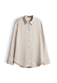 Camicia a maniche lunghe color beige chiaro in tessuto testurizzato, con colletto classico e chiusura con bottoni. L'orlo arrotondato e i polsini completano il design.