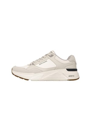 Zapatilla Skechers de color beige claro y blanco con cordones en la parte delantera, suela gruesa etiquetada como contour foam, mostrada desde el lado exterior.