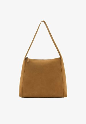 Braune Wildleder-Schultertasche mit einer glatten Textur, konischer Form, einem einzigen Schultergurt und einem Reißverschluss oben für sicheren Verschluss.