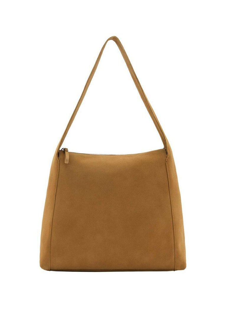 Sac à épaule en suède marron avec une texture lisse, une forme effilée, une seule bandoulière et une fermeture zippée pour un maintien sécurisé.