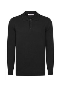 Zwarte lange mouw polo shirt gemaakt van een zachte, textuurstof. Voorzien van een knoopsluiting, geribde kraag en elastische manchetten. Eenvoudig ontwerp.