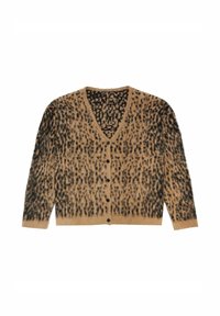 Bruine cardigan met zwart gespikkeld patroon, v-hals, vijf knopen aan de voorkant, lange mouwen en zachte, gestructureerde stof.