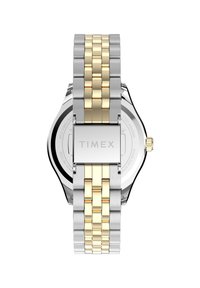 Timex laikrodis su sidabriniu ir auksiniu nerūdijančio plieno apyrankiu, apvaliu korpusu ir raukšlėtu metaliniu dirželiu su poliruotais jungtimis.