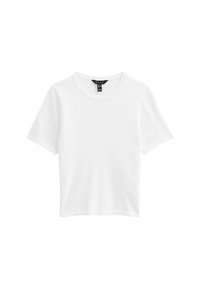 Camisa de algodón blanca con escote redondo y mangas cortas. La tela parece suave y lisa, con un corte corto y un diseño minimalista.