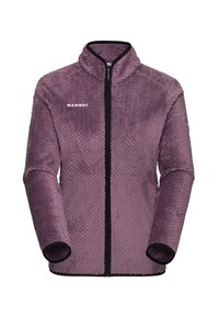 Chaqueta de forro polar morada con una superficie texturizada, cuello alto, cierre frontal con cremallera y acentos negros. Presenta mangas largas y el logo de la marca en el pecho.