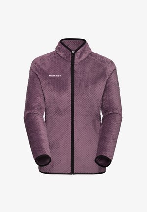 Fioletowa bluza z polaru o teksturowanej powierzchni, z wysokim kołnierzem, zamkiem z przodu i czarnymi akcentami. Posiada długie rękawy oraz logo marki na piersi.