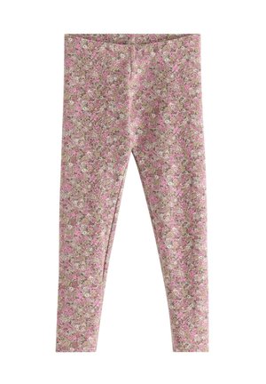 Leggings med blomstermønster i pink, hvid og brun med små blomster, ankellængde og tætsiddende model, isoleret på hvid baggrund.
