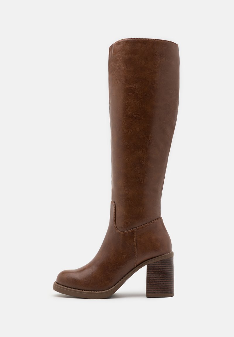Brown knee-high boots made of smooth faux leather, featuring a rounded toe, block heel with vertical grooves, and a minimalist design.