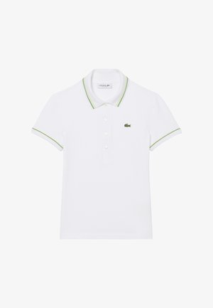 Polo blanco de algodón, con cuello y bordes de las mangas con rayas verdes. Incluye tres botones y un pequeño logo bordado.