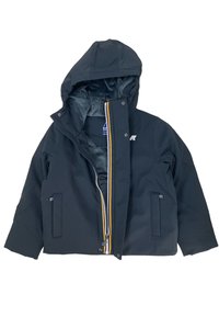 Granatowa kurtka z kapturem, z żółtym wykończeniem zamka, dwiema bocznymi kieszeniami i gładką podszewką.