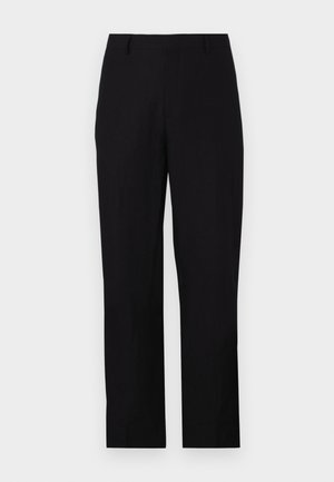 Černé kalhoty se rovnými nohavicemi. Vyrobeno z hladké tkaniny, mají plochý přední díl, poutka na opasek a boční kapsy. Jednoduchý design, bez viditelných vzorů.