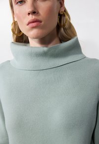 Light green, ribbed knit sweater with a high, folded collar. Large gold hoop earrings add an accent to the design. Smooth texture.
