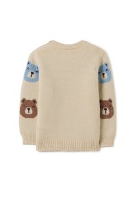 Krämfarbener, gestrickter Kinderpullover mit blauen und braunen Bärenköpfen auf jedem Ärmel, von hinten auf weißem Hintergrund gezeigt.
