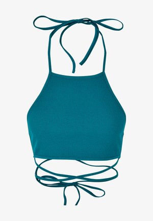 Teal ribbet halterneck crop top har en tætsiddende design med justerbare bånd og krydset rygdetaljer. Glat tekstur hele vejen igennem.