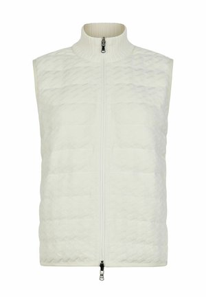 Ærmeløs off-white quiltet vest med ribstrikket høj krave og tovejs lynlås foran.
