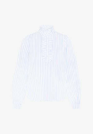 Chemisier blanc avec de fines rayures verticales bleues, manches longues, col haut volanté, et patte de boutonnage volantée au centre devant.