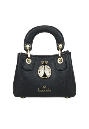 Borsa a mano in pelle nera con manici strutturati, dettagli in oro e un emblema decorativo a forma di coccinella dorata sul davanti.