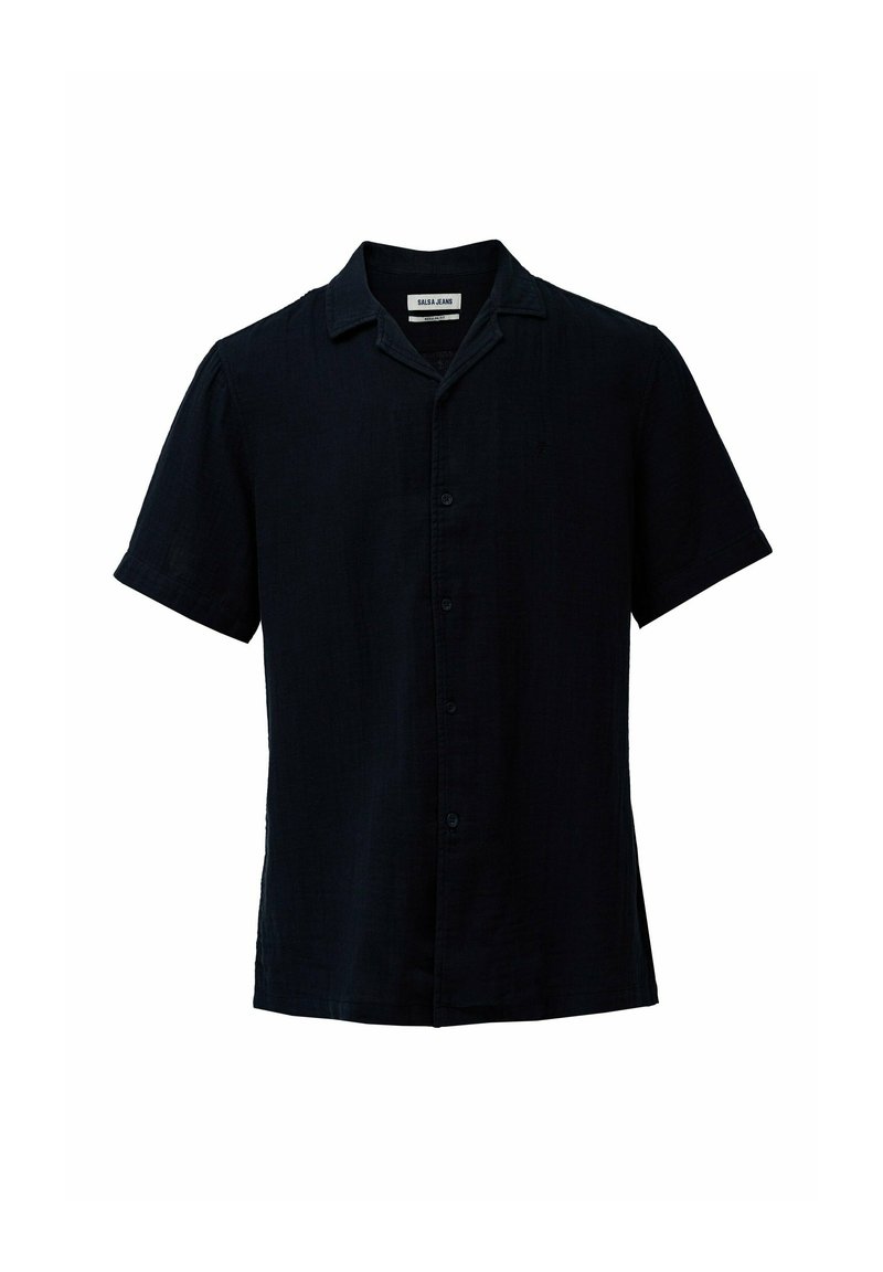 Koszula na krótki rękaw w ciemnoniebieskim kolorze, zapinana na guziki, wykonana z lekkiego materiału, z kołnierzykiem i luźnym krojem. Posiada guziki z przodu oraz subtelne logo.