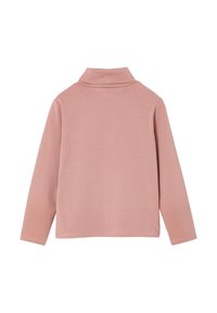 Helles rosa Langarmoberteil mit hohem Kragen, aus einem weichen, strukturierten Stoff. Einfaches, klares Design ohne Muster oder Akzente.