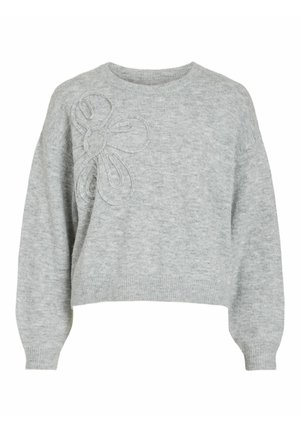 Grå strikket genser med en kort design, med en teksturert blomsterbrodering på venstre side og ribbede mansjetter og kant.