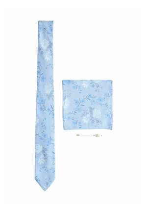 Light blue tie and pocket square set with delicate floral patterns, accompanied by a silver lapel pin with small bead details.