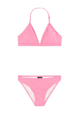 Roze textuur bikini set met een driehoekige top met verstelbare band en bijpassende lage taille broekjes met zonpatronen.
