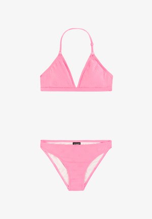 Vaaleanpunainen teksturoidun näköinen bikini, jossa on kolmionmuotoinen yläosa säädettävällä olkahihnalla ja siihen sopivat matalavyötäröiset alaosat auringon kuvioilla.