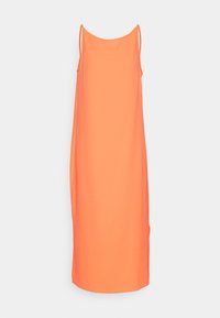 Oranžové šaty bez rukávů z jemného materiálu, s uvolněným střihem, rovnou siluetou a kulatým výstřihem, s tenkými ramínky.