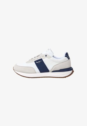 Leichte Sneakers aus Mesh und Wildleder in Creme und Marineblau, mit einem gemusterten Streifen, Schnürung und einer Gummisohle.