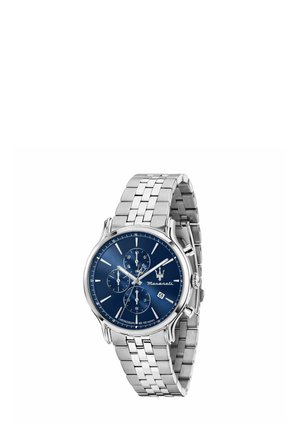 Orologio da polso con cinturino in metallo argento, quadrante blu, tre quadranti più piccoli, finestra per la data e logo Maserati sul lato destro.
