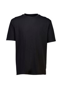 T-shirt nera a maniche corte in cotone. Presenta un design a collo rotondo e una texture liscia senza motivi o accenti visibly.