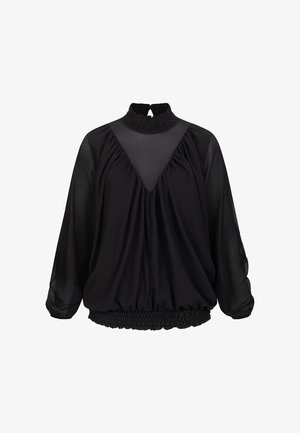Czarna bluzka z wysokim marszczonym kołnierzem, długimi rękawami oraz marszczonym materiałem w talii. Wykonana z lekkiego, prześwitującego materiału.