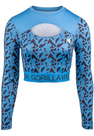 Blauwe langemouwen crop top met zwart dierenprint, voorzien van een uitsnede bij de halslijn en een contrasterende blauwe logoband aan de onderrand.