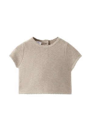 T-shirt bébé beige en maille à manches courtes, avec encolure ronde et fermeture par boutons au dos, présenté sur fond blanc.