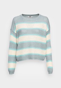 Pull tricoté avec de larges rayures horizontales en gris clair, blanc et bleu pastel, doté d'un col rond et de manches longues.