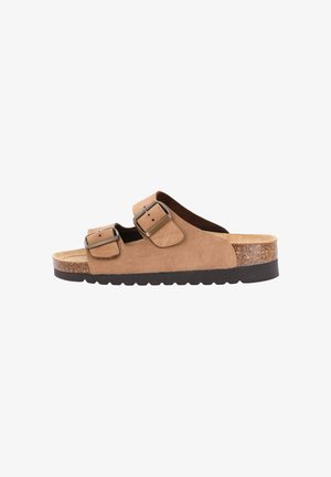 Sandalo slide in pelle scamosciata marrone con due fibbie metalliche regolabili, soletta in sughero e suola in gomma nera testurizzata.