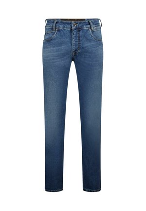 Blaue Jeans aus Denim mit geradem Bein, Kontrastnähten, Fünf-Taschen-Stil und klassischem Knopfverschluss.