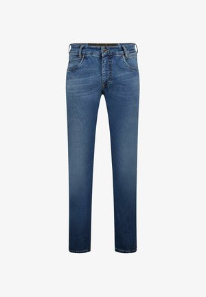 Blauwe denim jeans met een straight leg ontwerp, contrasterende stiksels, vijf-pocket stijl en een klassieke knoopsluiting.