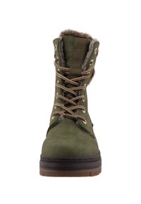 Olive green lace-up boot with a soft fur lining and brown rubber sole. Features metal eyelets and a textured surface for added grip.