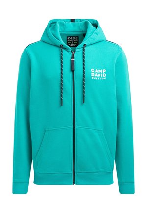 Turquoise zip-up hoodie with black and white drawstrings, front pockets, and white "CAMP DAVID SUN & FUN" text on the left chest.