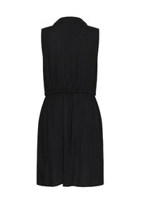 Schwarzes ärmelloses Kleid mit Kragen, elastischem Bund und lockerer Passform. Glatte Textur und leicht geraffte Details am Rücken.