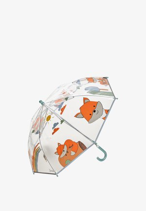 Transparent umbrella featuring orange fox illustrations, clouds, and a sun. Metal frame with a light blue curved handle and colorful design.