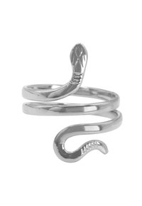 Anello d'argento a forma di serpente con un design intrecciato. Finitura liscia, presenta squame dettagliate e una testa appuntita. Taglia regolabile.