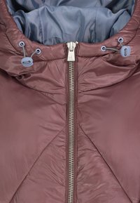 Burgunderrote Pufferjacke mit silbernem Reißverschluss, verstellbarem Kapuzenschild mit blauen Äpfeln und glatter hellblauer Innenauskleidung.