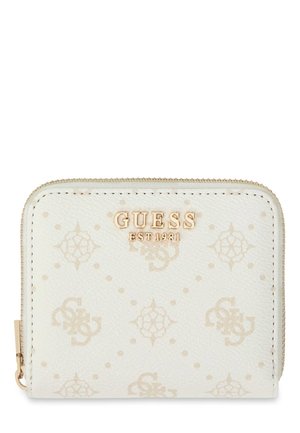 Portefeuille blanc Guess à fermeture éclair avec motif logo beige et inscription dorée "GUESS EST 1981" sur le devant.