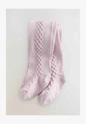 Világos rózsaszín, térd fölé érő zoknik, texturált gyémánt mintával és bordázott díszítéssel az oldalukon, puhából és lélegző anyagból készült.