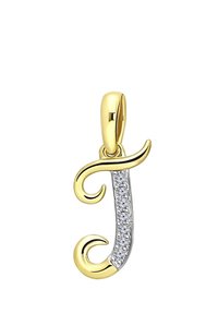Gouden en zilveren metalen hanger in de vorm van een cursieve letter "J," met een rij kleine heldere edelstenen langs het midden.