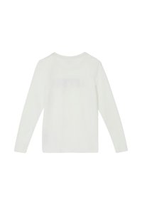 Langärmliges weißes Baumwoll-T-Shirt mit rundem Ausschnitt und schlichtem Rücken. Der Stoff wirkt weich mit einer glatten Textur.