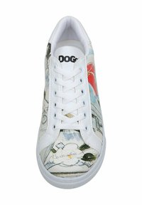 White sneaker with artistic design featuring colorful abstract patterns, textured upper, round toe, and white lace closure.